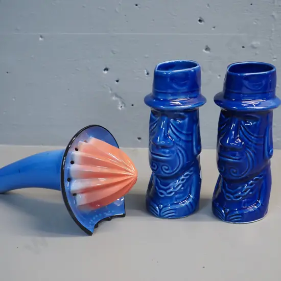 Brendan Adams NZ studio pottery lemon squeezer L-210 and 2 Ian Burrell "For Real" tiki mugs/jugs/vases H-170