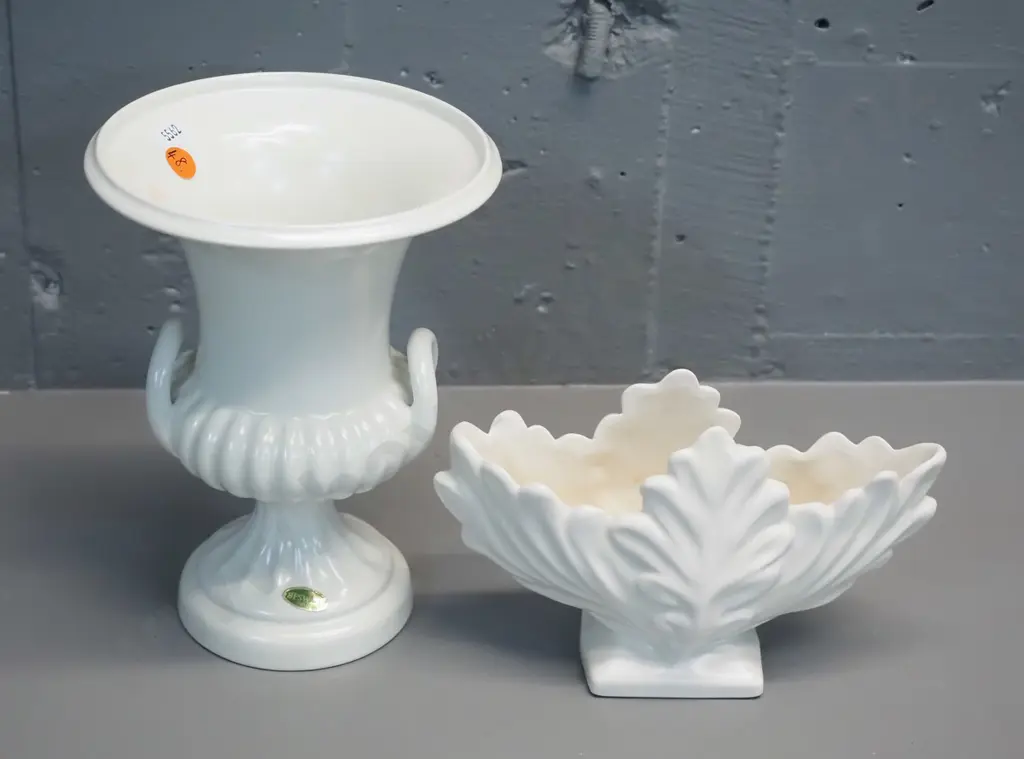 2 English white glazed vases - Beswick double handled urn H210 and a leaf shape flower trough w/ small fleck to base Image 1++