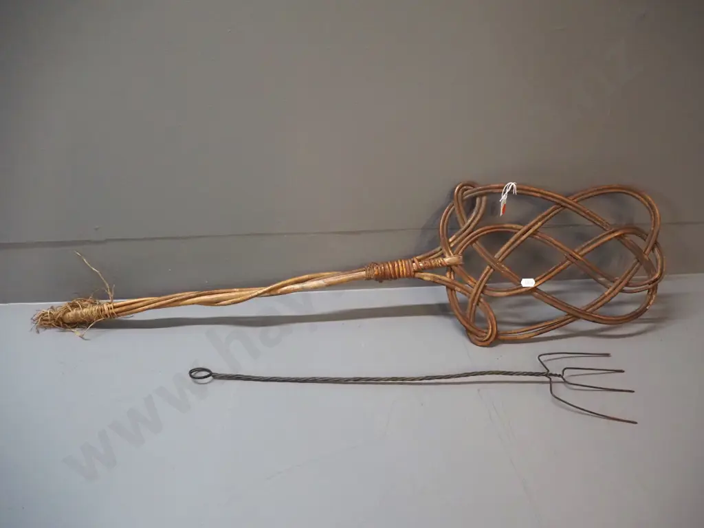 vintage cane carpet beater, some damage to binding L-850 and a hand-made toasting fork Image 1++