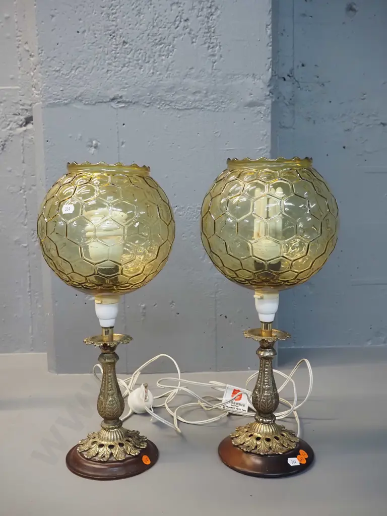 pair of retro cast brass table lamps with timber bases with moulded glass shades - bases and heights Image 1++