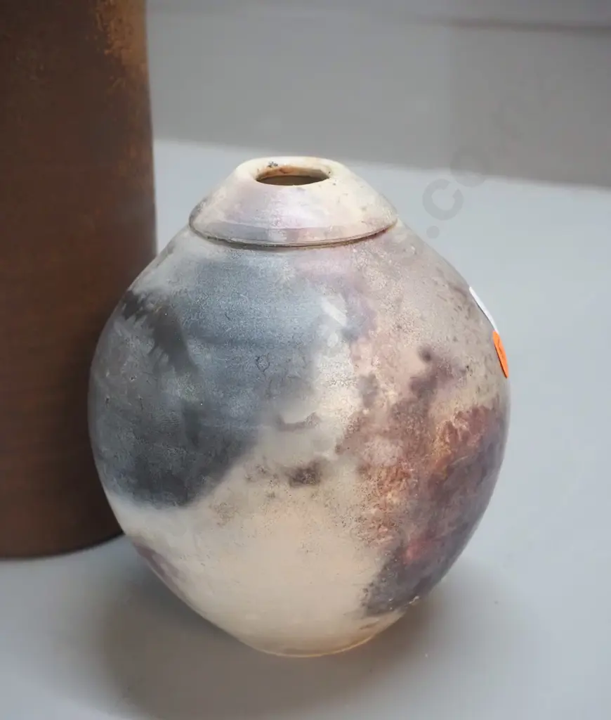 2 studio pottery vases - tall cylinder vase H-395 D-110 and small raku vase Image 1++