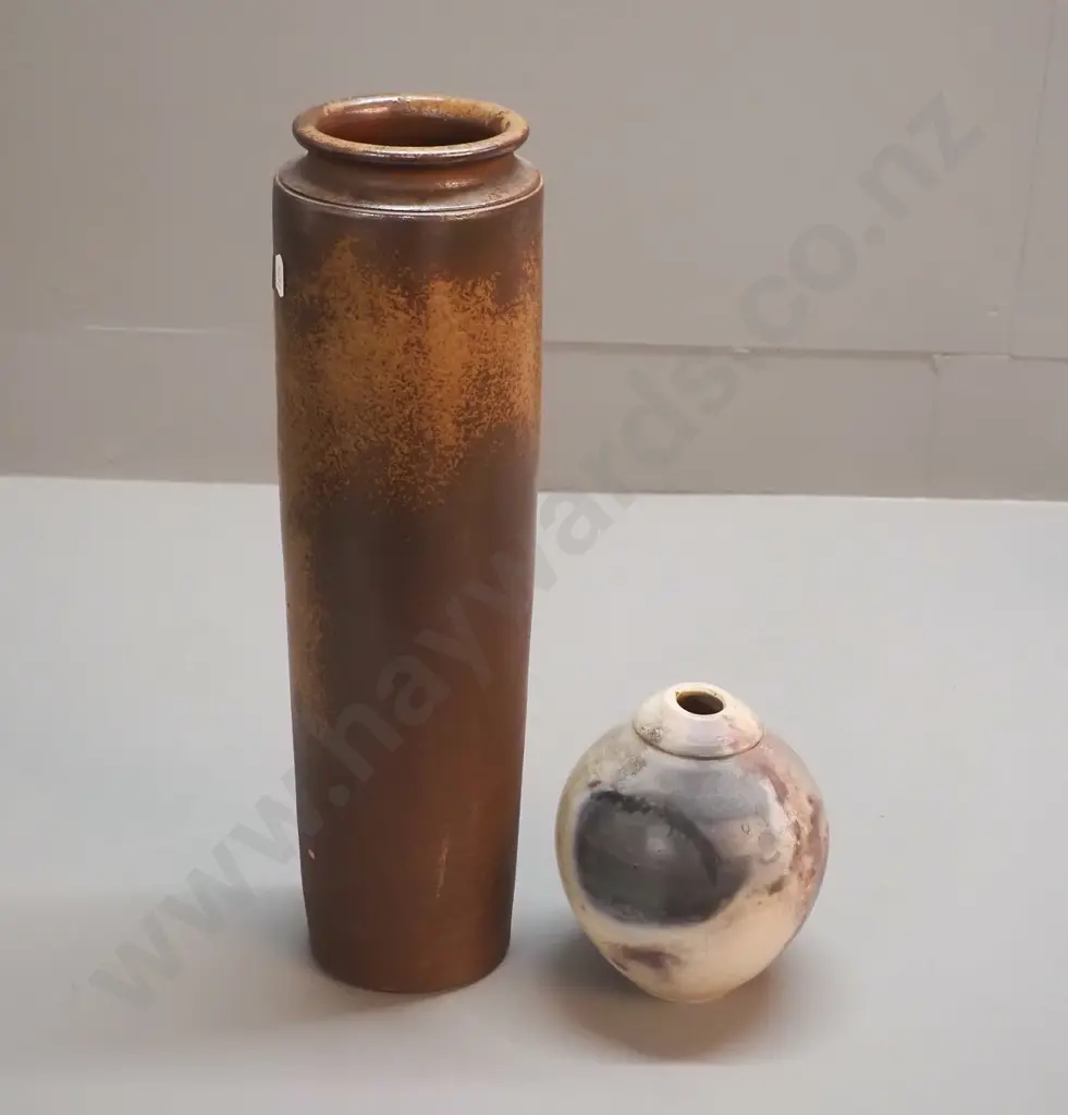 2 studio pottery vases - tall cylinder vase H-395 D-110 and small raku vase Image 1++