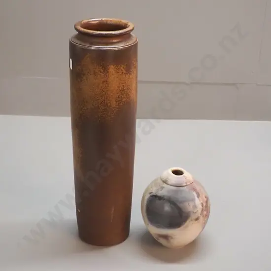 2 studio pottery vases - tall cylinder vase H-395 D-110 and small raku vase