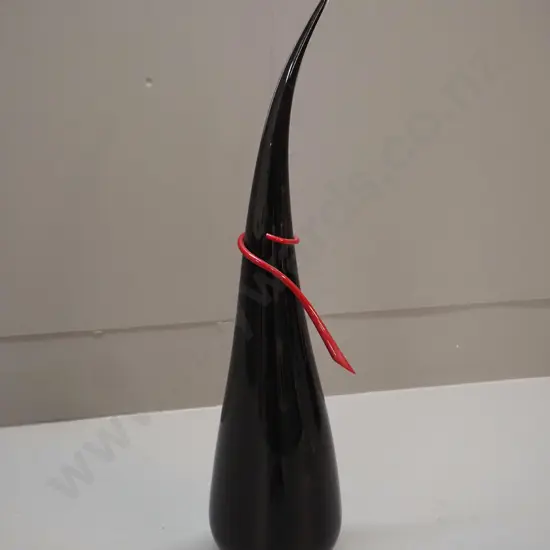 art glass ornament - black vase-shaped piece H-500 with loose ornamental collar. Signed Katie Brown 2007