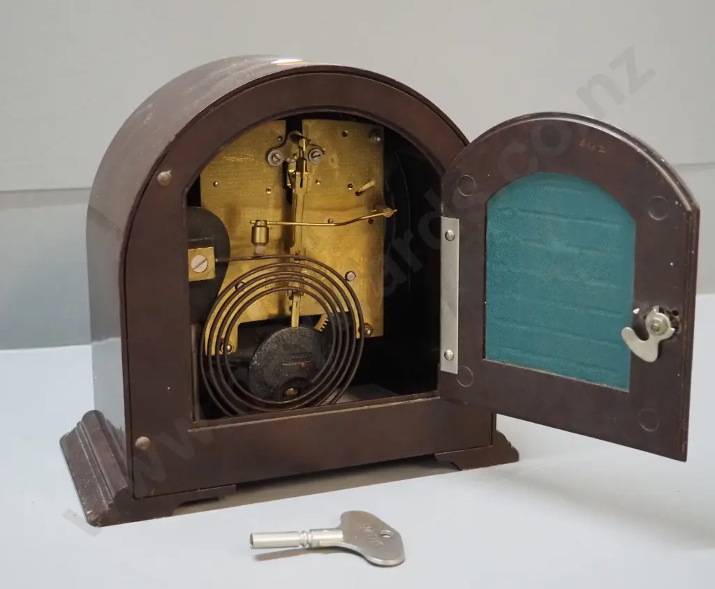 deco bakelite cased Enfield English striking clock with chrome bezel, key H-210 W-215 D-120 Image 1++
