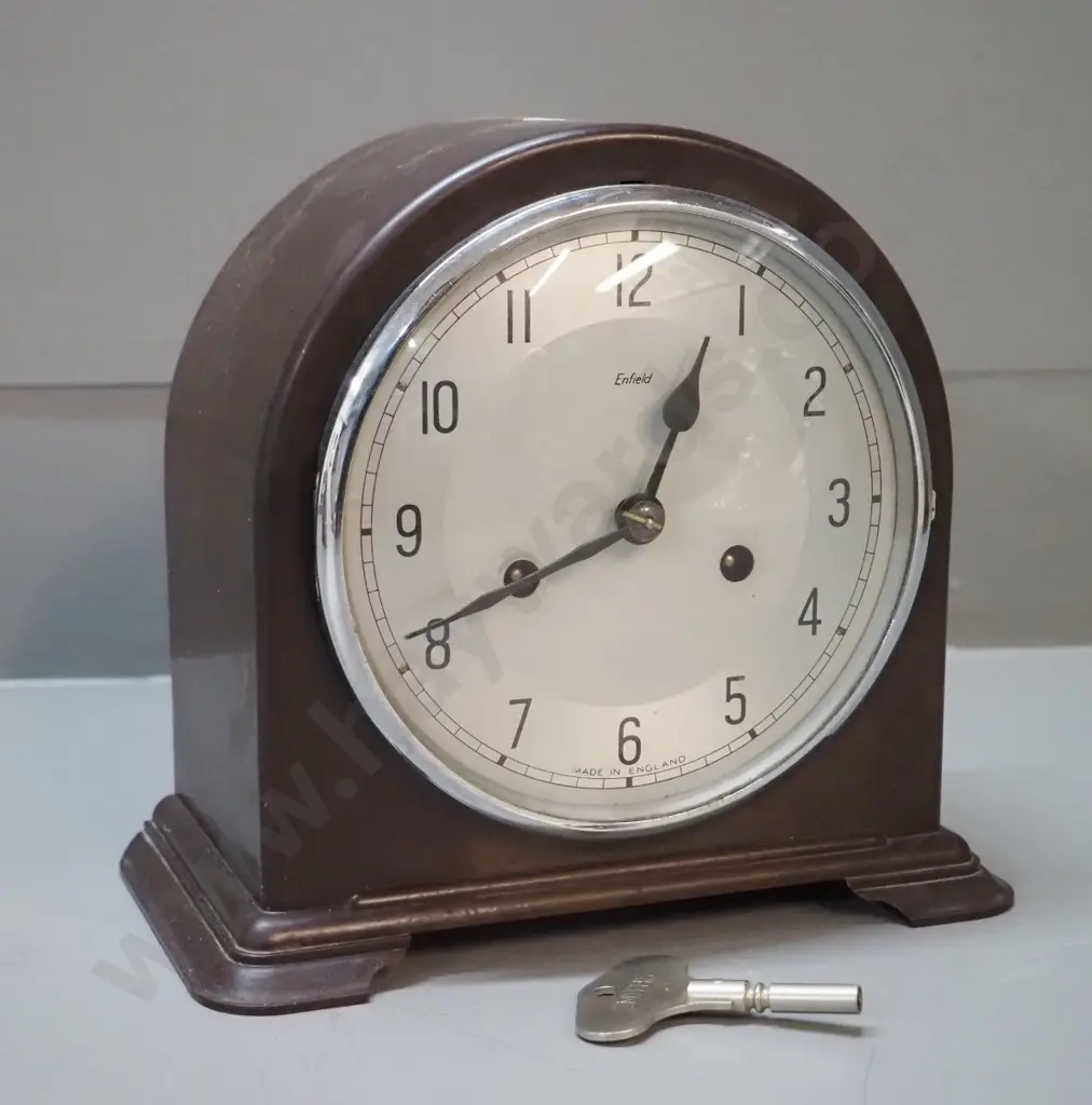 deco bakelite cased Enfield English striking clock with chrome bezel, key H-210 W-215 D-120 Image 1++