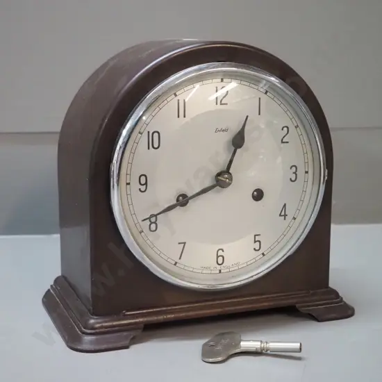 deco bakelite cased Enfield English striking clock with chrome bezel, key H-210 W-215 D-120