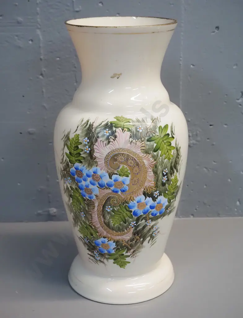 large Victorian hand-painted milk glass vase - some loss to gilt decoration H-350 D-170 Image 1++