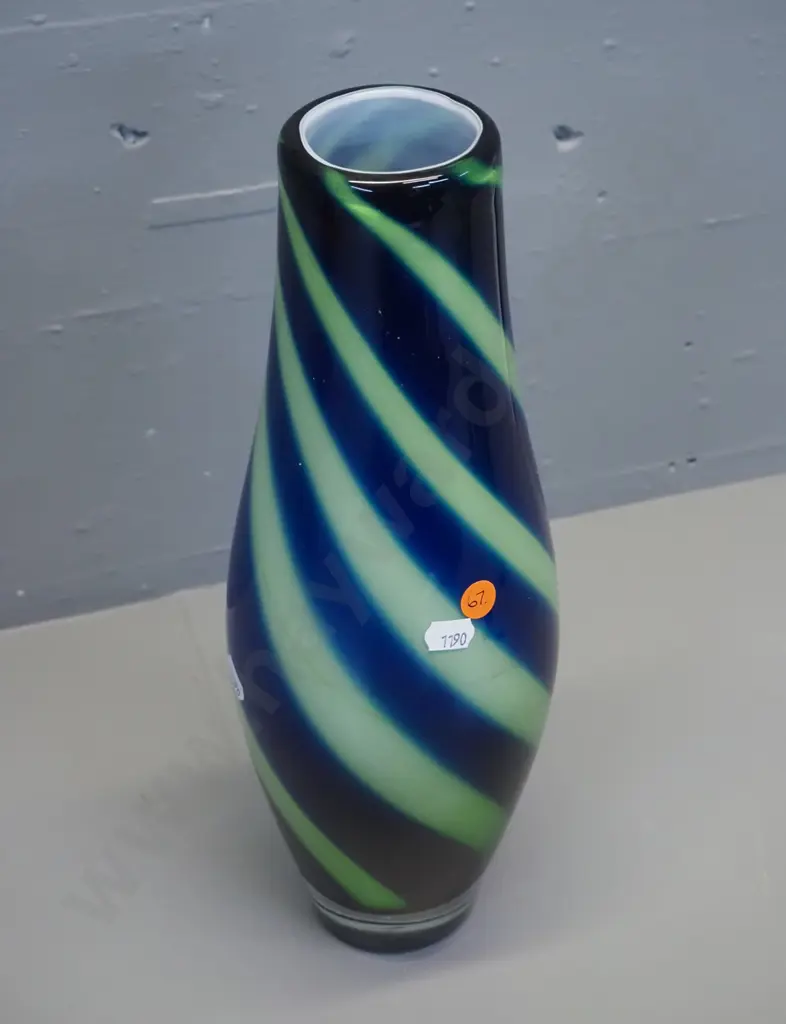 heavy art glass vase - white lined blue & green swirls with clear base H-350 Image 1++