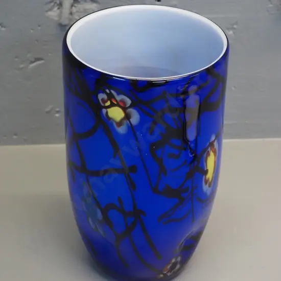 art glass vase - white lined cobalt blue outer with abstract designs H-240 D-140