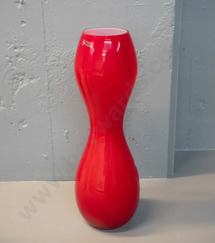 tall red and white-lined glass waisted vase - Wrzesniak Glassworks Poland label. H-450 Image 1++