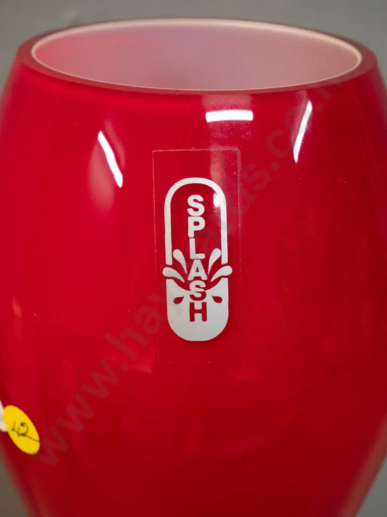 tall red and white-lined glass waisted vase - Wrzesniak Glassworks Poland label. H-450 Image 1++