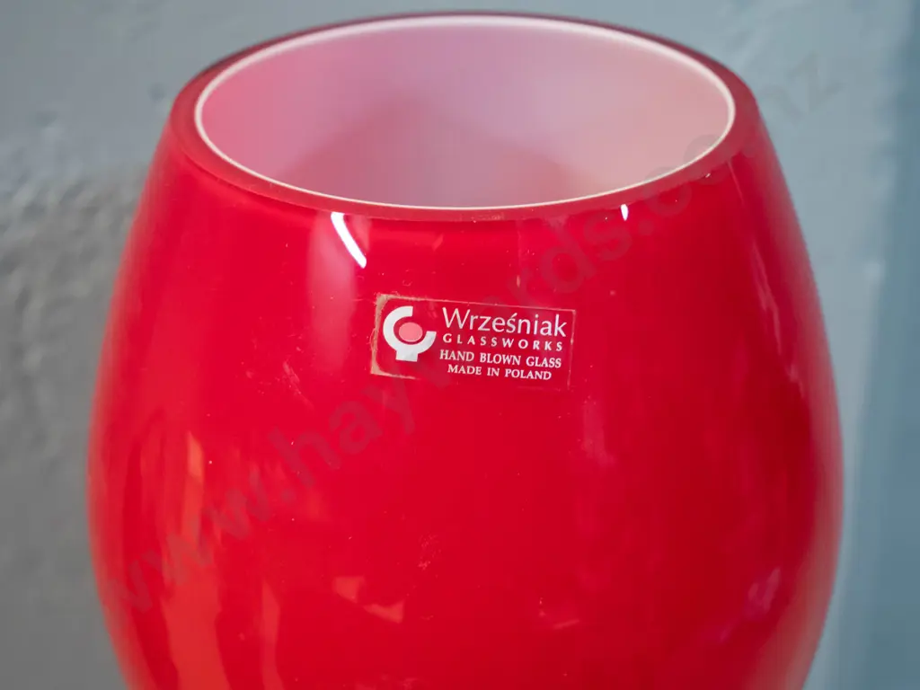tall red and white-lined glass waisted vase - Wrzesniak Glassworks Poland label. H-450 Image 1++