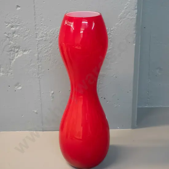 tall red and white-lined glass waisted vase - Wrzesniak Glassworks Poland label. H-450