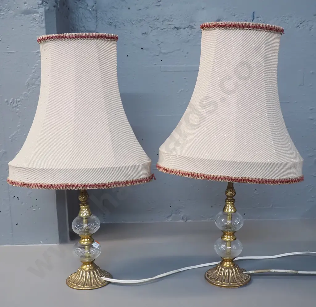pair of brass and crystal table lamps with waisted oval shades H-500 Shades W-280 Image 1++