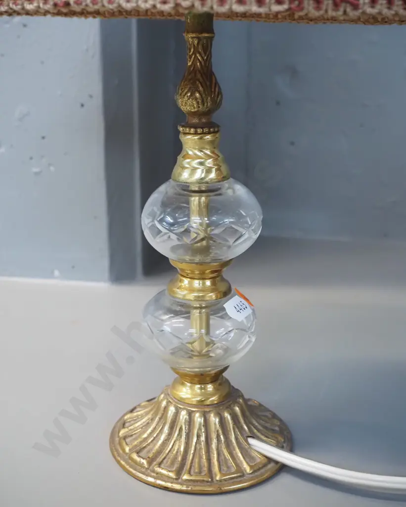 pair of brass and crystal table lamps with waisted oval shades H-500 Shades W-280 Image 1++