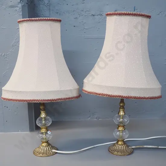 pair of brass and crystal table lamps with waisted oval shades H-500 Shades W-280