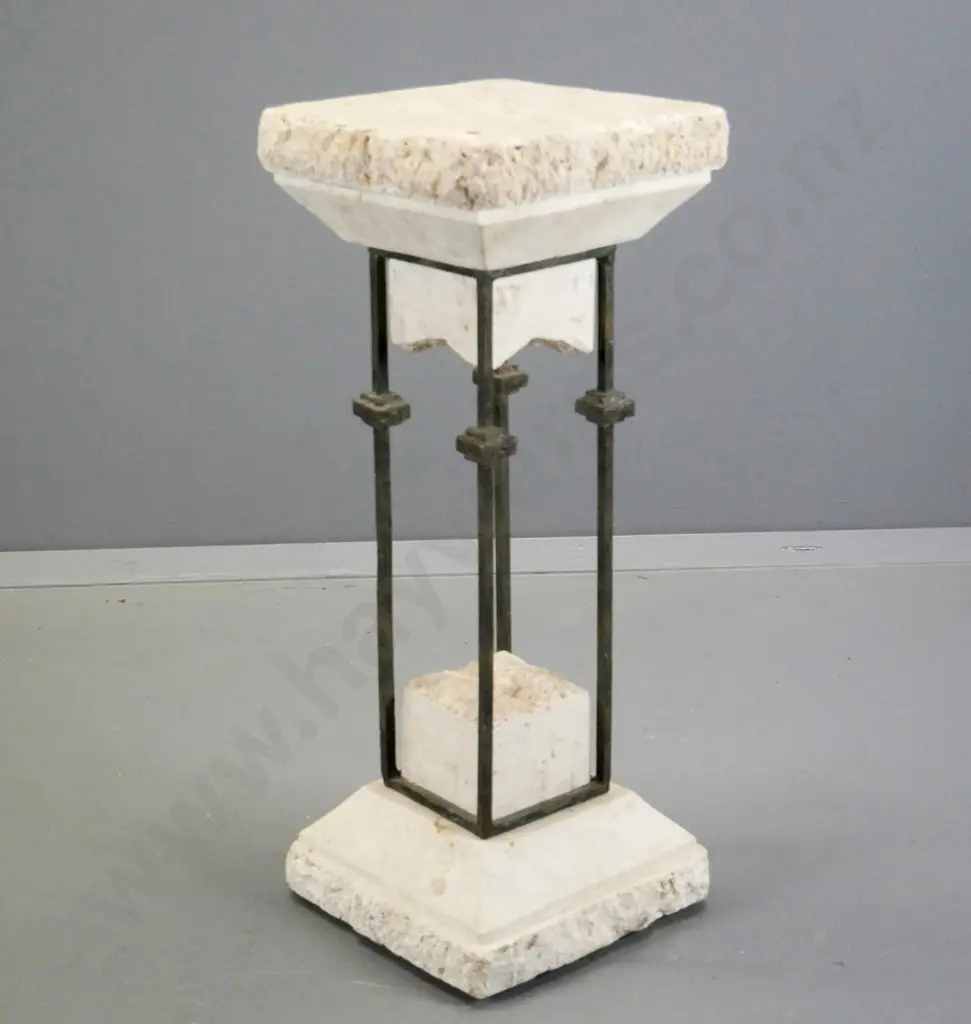 metal framed veneered travertine marble plant stand H-780 W-300 D-300 Image 1++