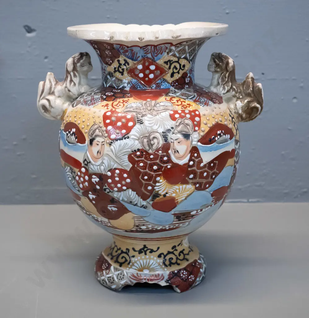 ornate asian handled urn vase with hand painted and relief patterns H-240 Image 1++