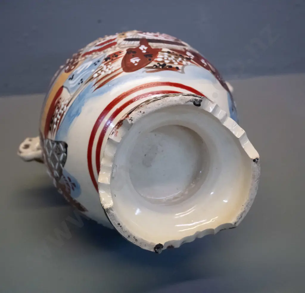 ornate asian handled urn vase with hand painted and relief patterns H-240 Image 1++