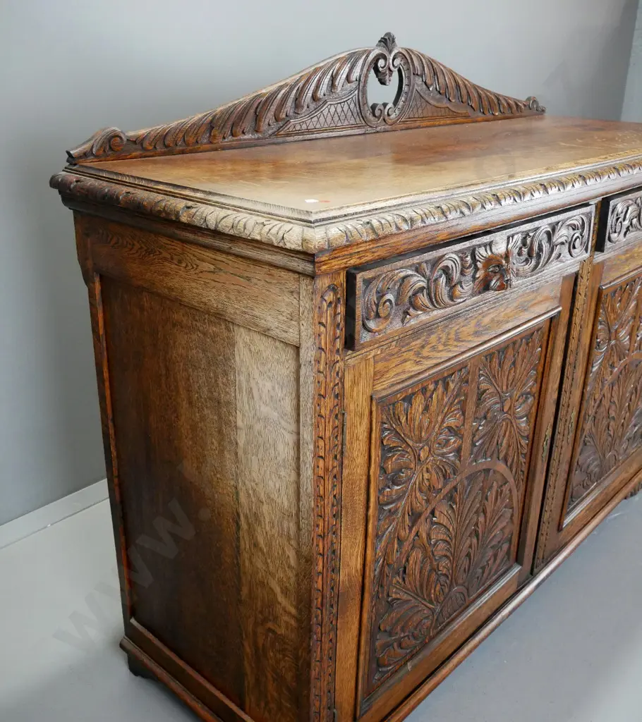 antique heavily carved oak sideboard w/ 2 drawer, 2 doors with escutcheons & key H1200 W1530 D560 Image 1++