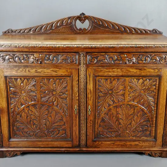 antique heavily carved oak sideboard w/ 2 drawer, 2 doors with escutcheons & key H1200 W1530 D560