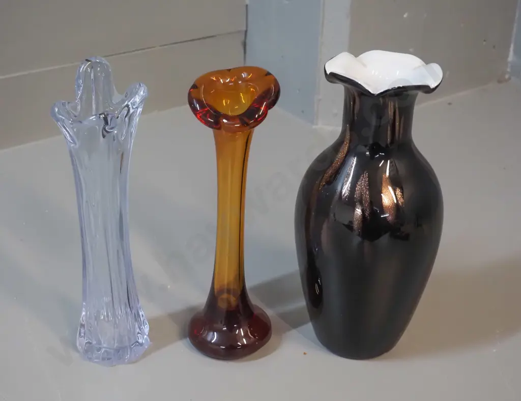 3 art glass vases - jack in the pulpit amber glass, pale blue scalloped top, and a white lined brown and metallic H-240 Image 1++