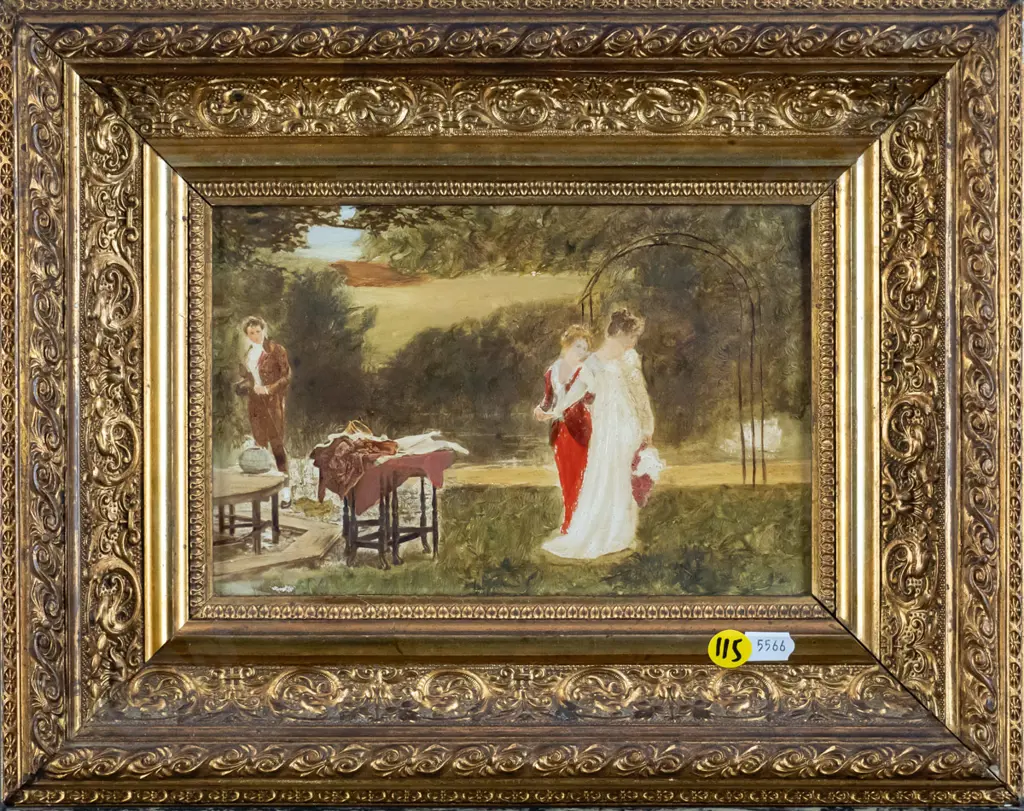 gilt framed oil - women on lawn H-130 W-190 Image 1++
