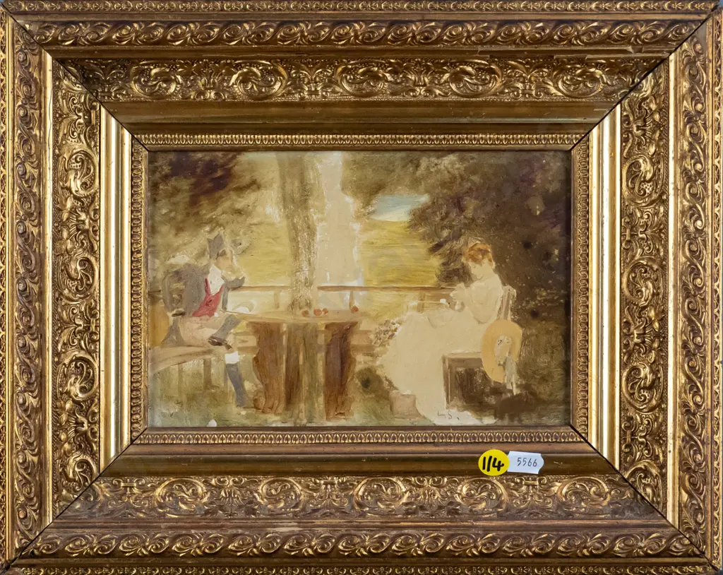 gilt framed oil - seated couple H-130 W-190 Image 1++