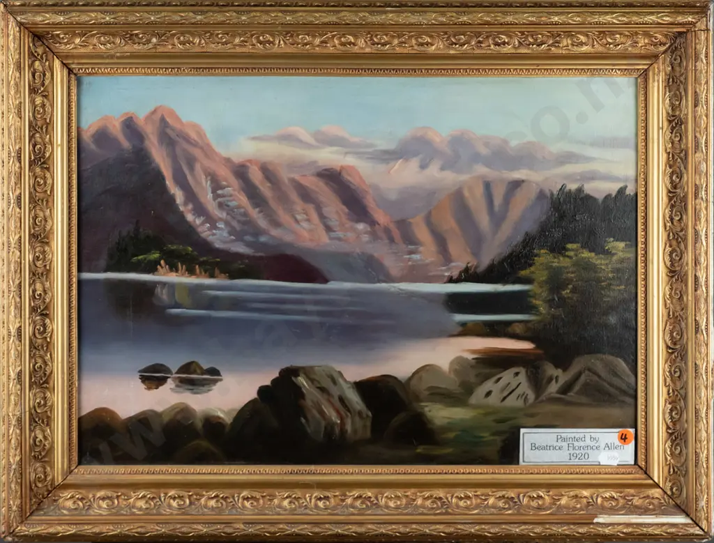 Beatrice Florence Allen - framed oil - lake and mountain scene H-340 W-480 (frame needs attention) Image 1++