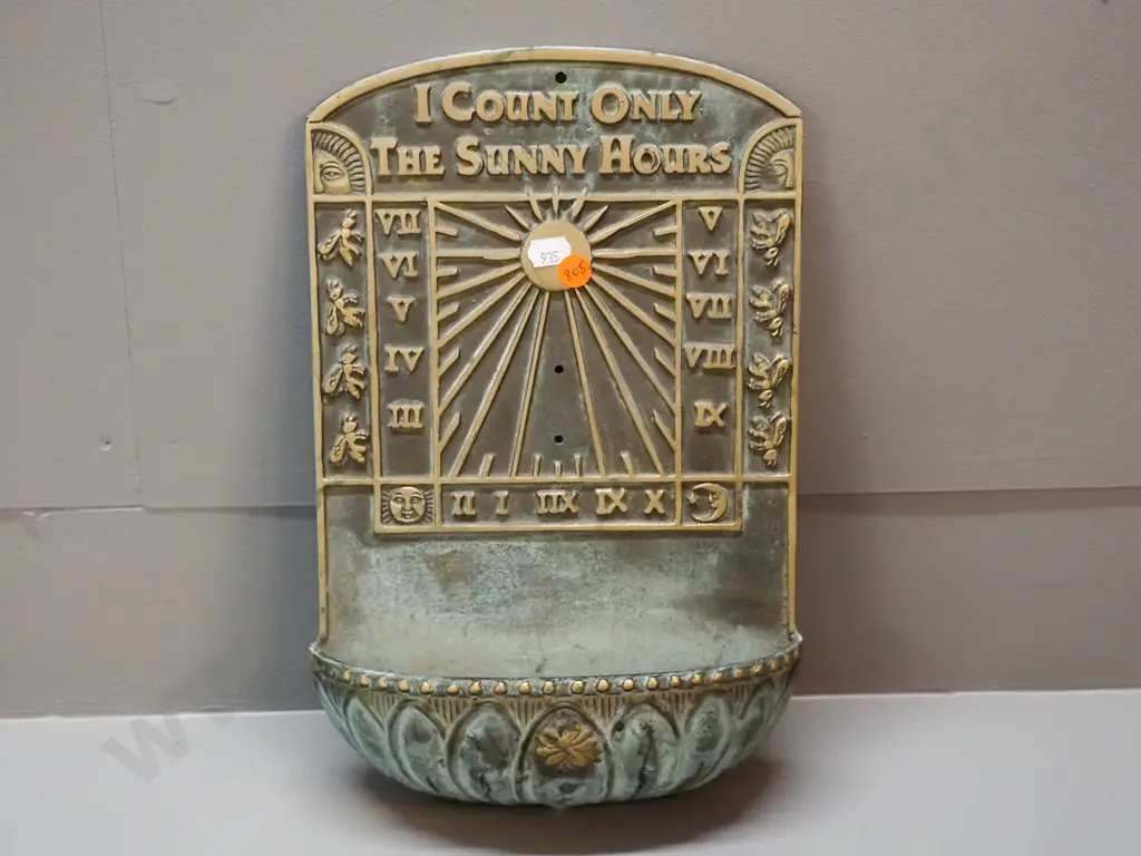 cast brass wall-mount sundial motif plaque with basin H-320 W-205 Image 1++