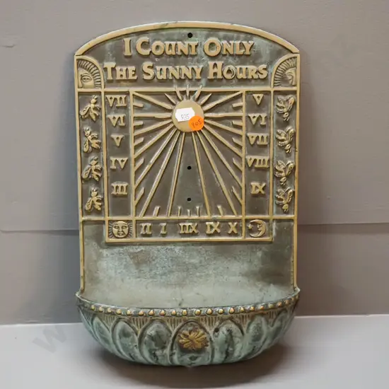 cast brass wall-mount sundial motif plaque with basin H-320 W-205
