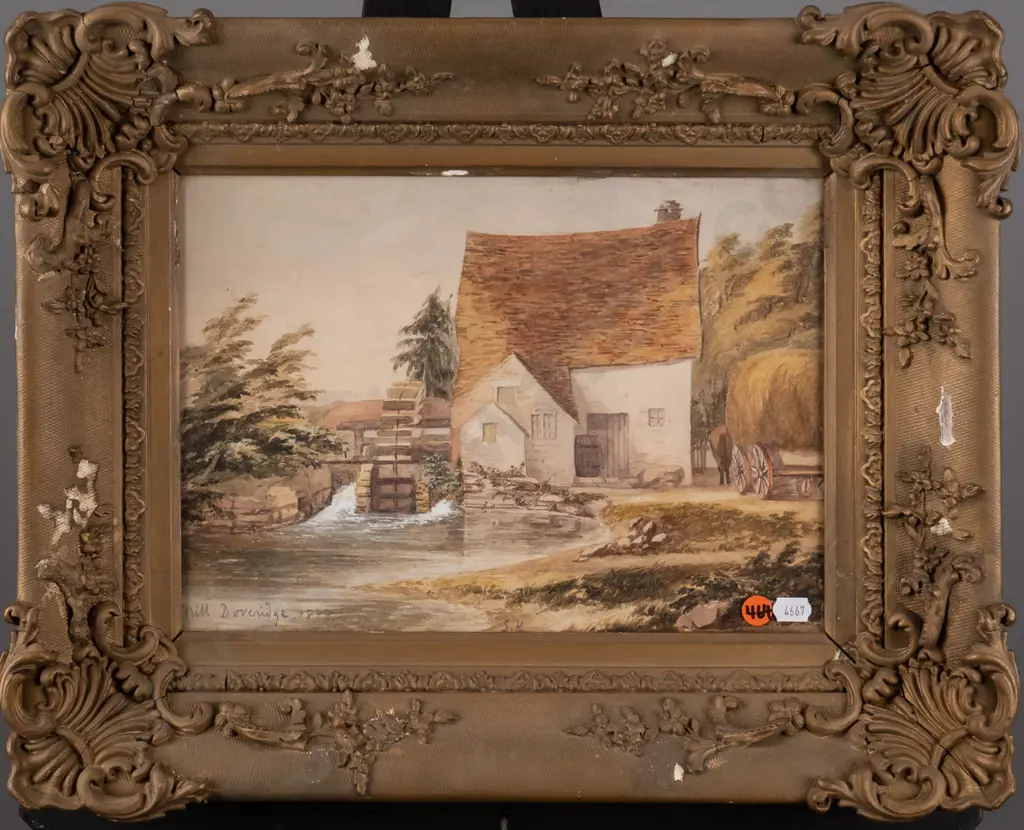 framed watercolour - mill and river scene H-220 W-300 (frame needs attention) Image 1++