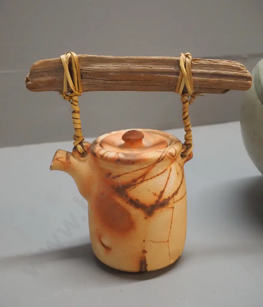2 studio pottery items - Peter Johnson raku teapot with driftwood handle & leaf pattern vase, unknown maker's mark H190 Image 1++