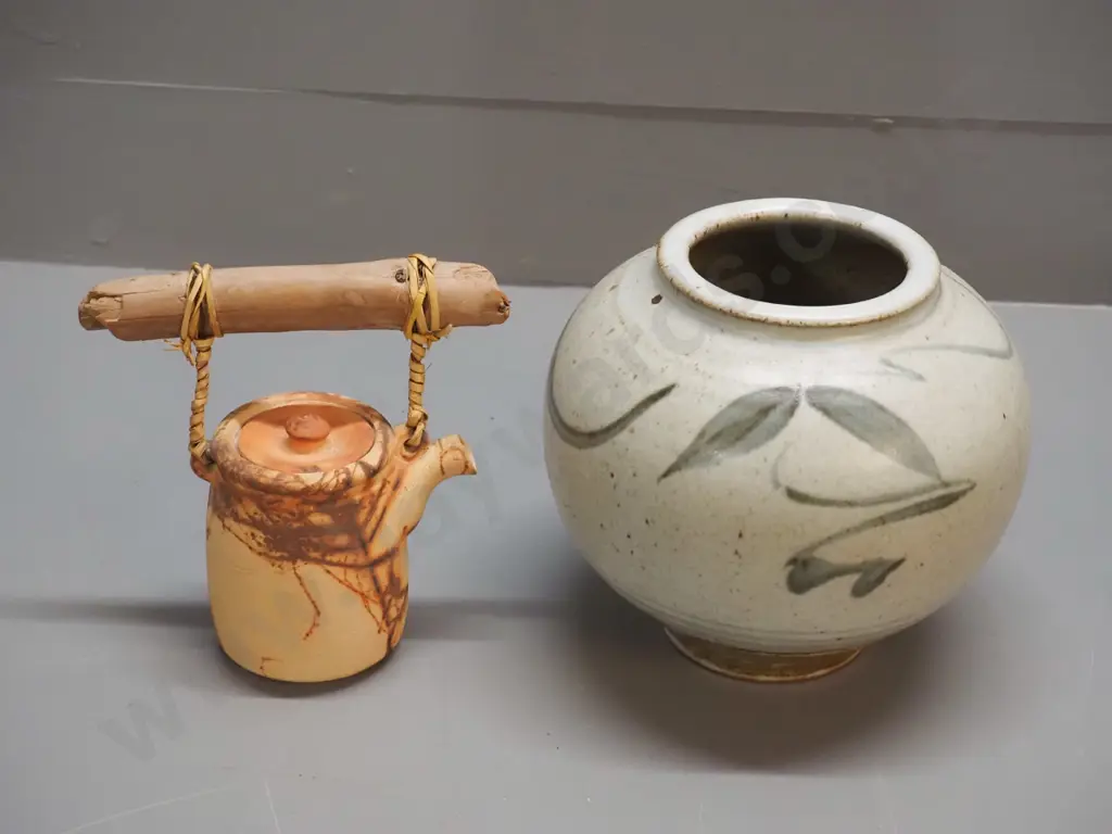 2 studio pottery items - Peter Johnson raku teapot with driftwood handle & leaf pattern vase, unknown maker's mark H190 Image 1++