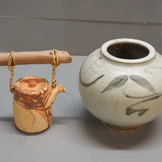 2 studio pottery items - Peter Johnson raku teapot with driftwood handle & leaf pattern vase, unknown maker's mark H190