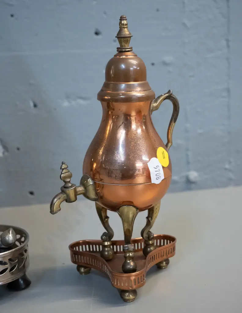 pewter coffee urn with spirit burner, marked Rio Holland H370 and a small ornamental copper and brass urn Image 1++