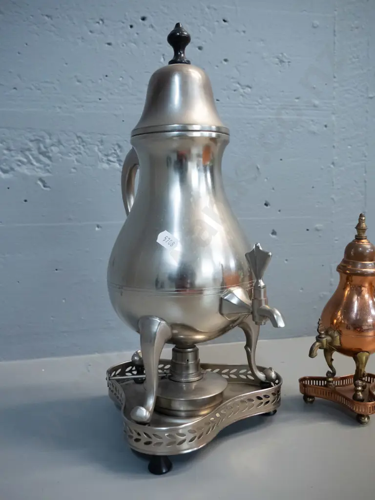 pewter coffee urn with spirit burner, marked Rio Holland H370 and a small ornamental copper and brass urn Image 1++