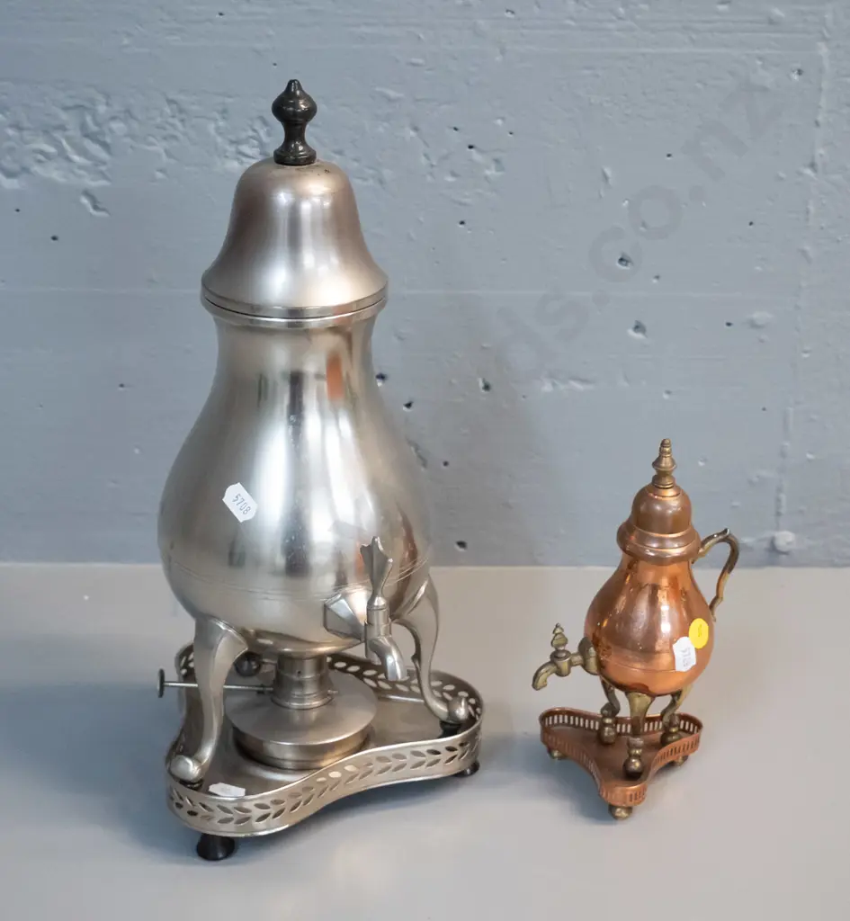 pewter coffee urn with spirit burner, marked Rio Holland H370 and a small ornamental copper and brass urn Image 1++