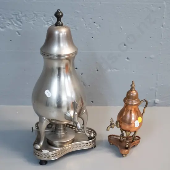 pewter coffee urn with spirit burner, marked Rio Holland H370 and a small ornamental copper and brass urn