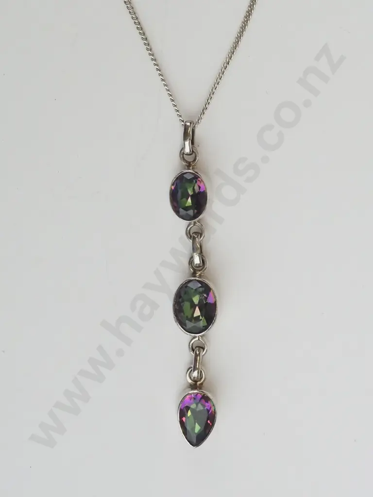 silver multi coloured stone drop necklace stamped Image 1++