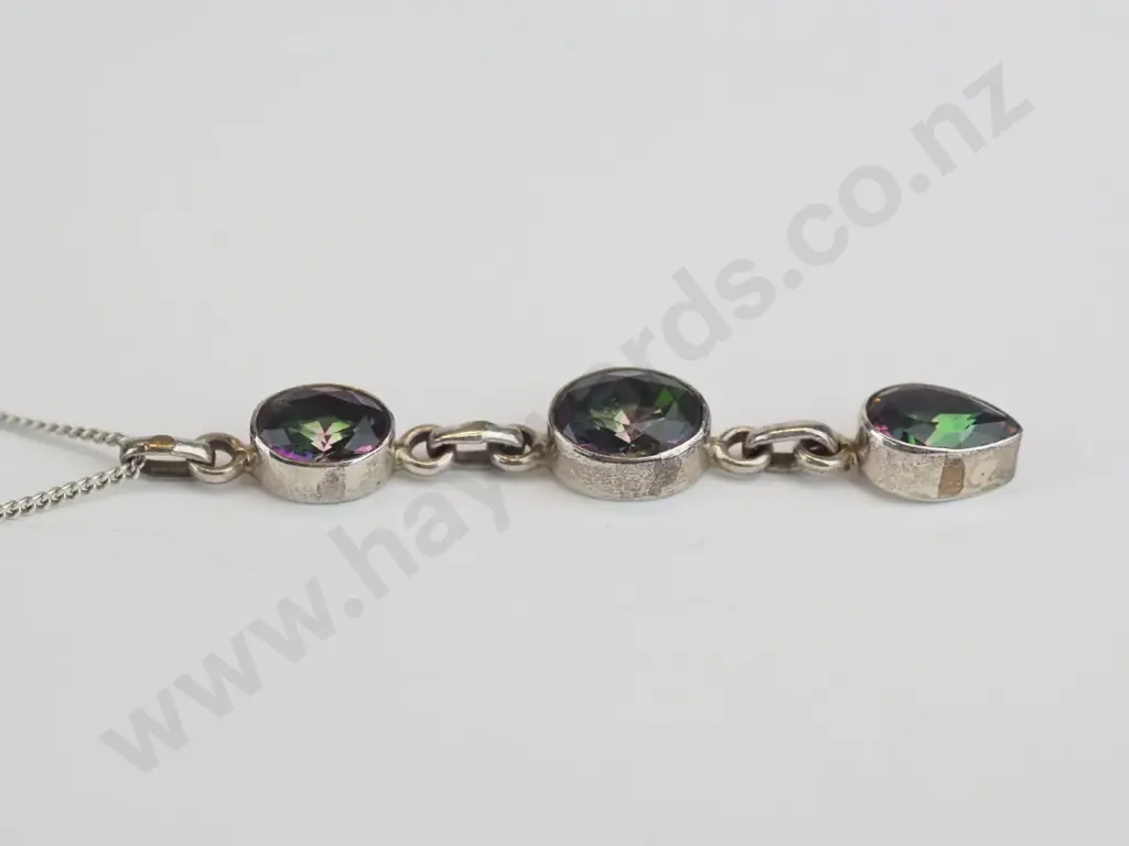 silver multi coloured stone drop necklace stamped Image 1++