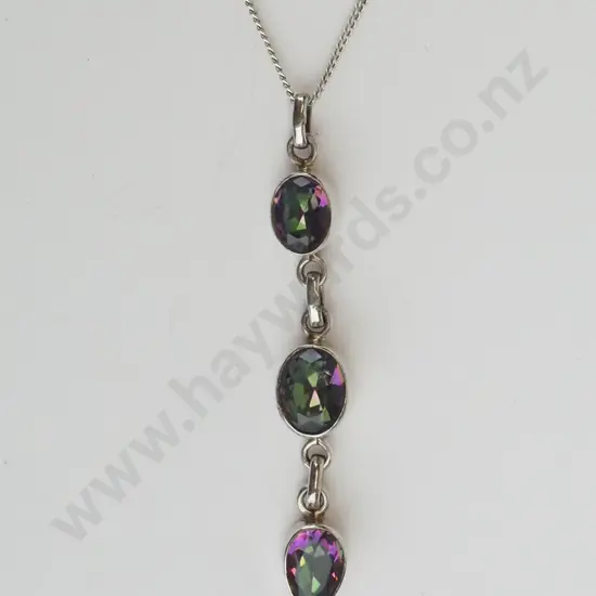 silver multi coloured stone drop necklace stamped