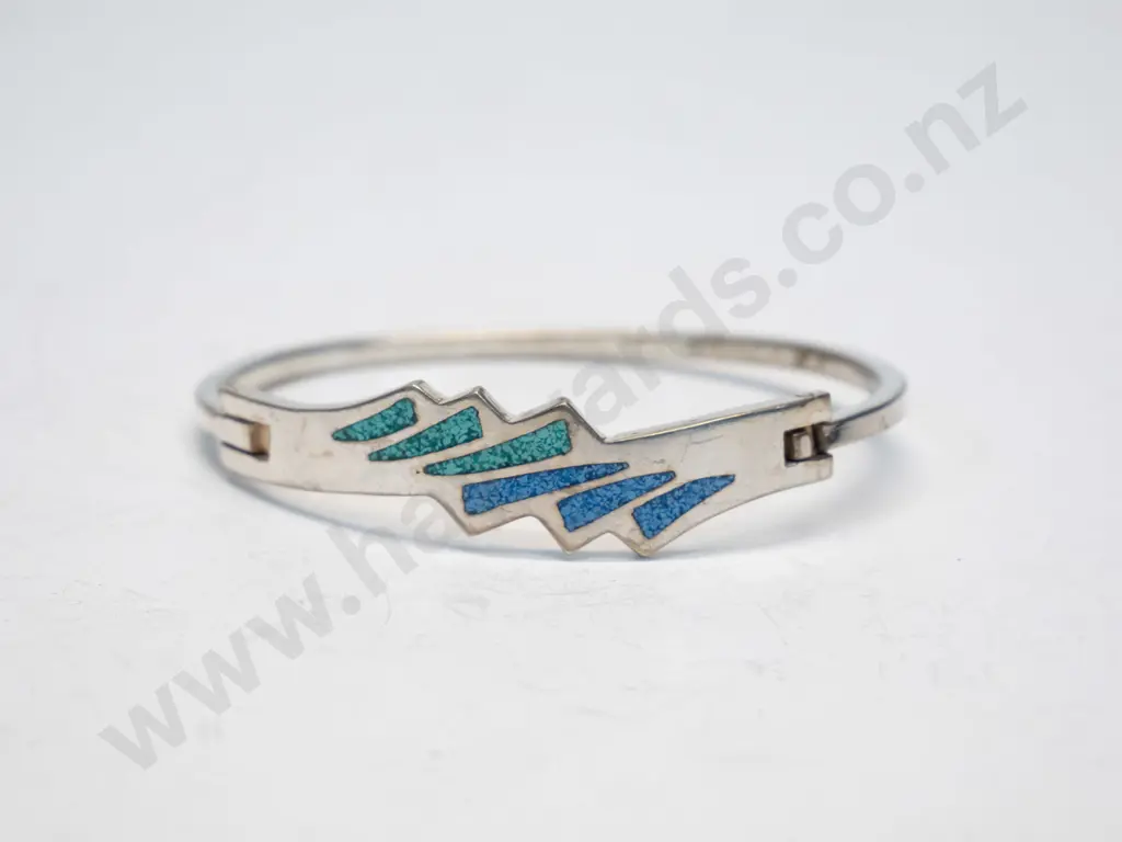 silver bangle with blue & green stripes stamped ? Mexico Image 1++