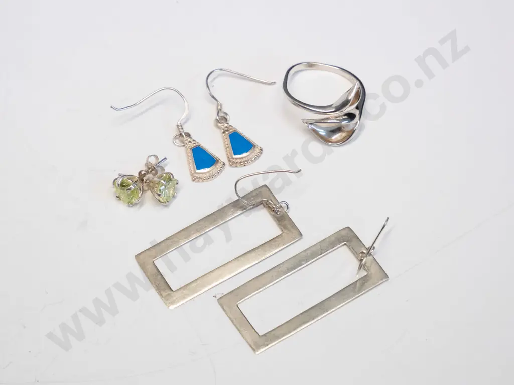 3 pairs of earrings all stamped 925 & silver ring stamped 925 Image 1++