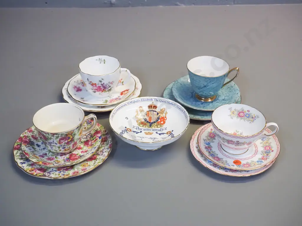 4 English trios - Shelley, AOF Royal Winton, Royal Albert, Royal Crown Derby - and 1990 Aynsley Queen Mother's 90th Image 1++