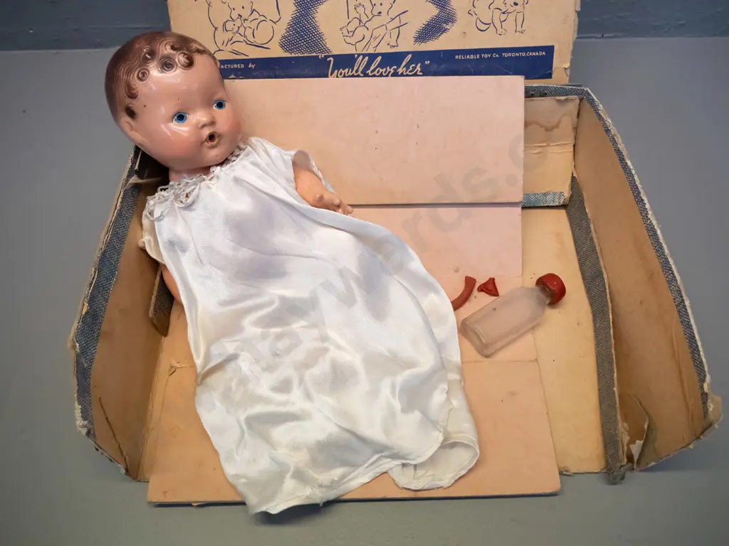 vintage "Wetums" doll with bottle - made in Reliable Toy Co, Toronto Canada - age wear, damage to rubber bottle top, box Image 1++