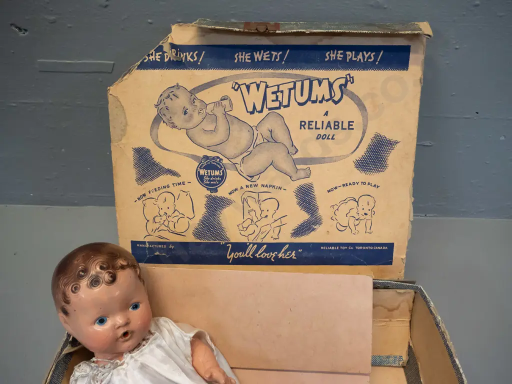 vintage "Wetums" doll with bottle - made in Reliable Toy Co, Toronto Canada - age wear, damage to rubber bottle top, box Image 1++