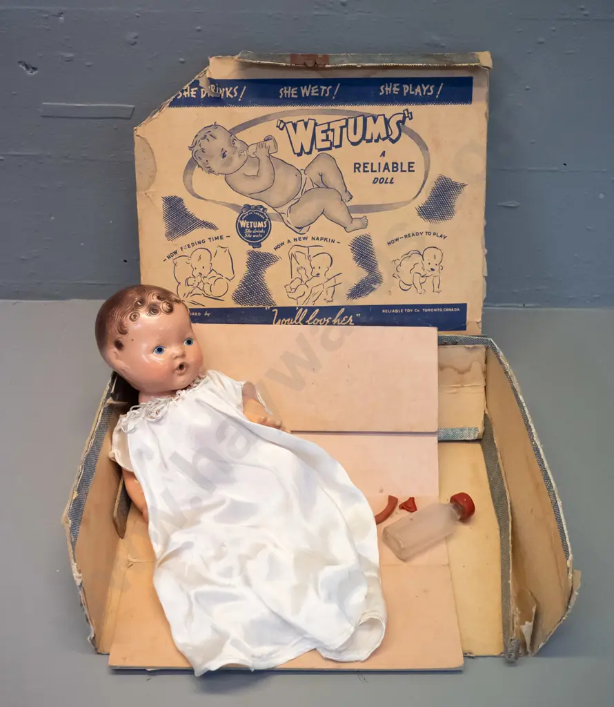 vintage "Wetums" doll with bottle - made in Reliable Toy Co, Toronto Canada - age wear, damage to rubber bottle top, box Image 1++