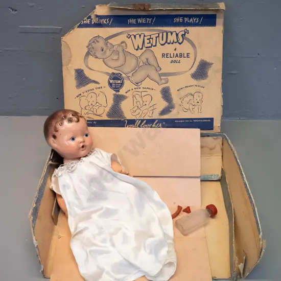 vintage "Wetums" doll with bottle - made in Reliable Toy Co, Toronto Canada - age wear, damage to rubber bottle top, box